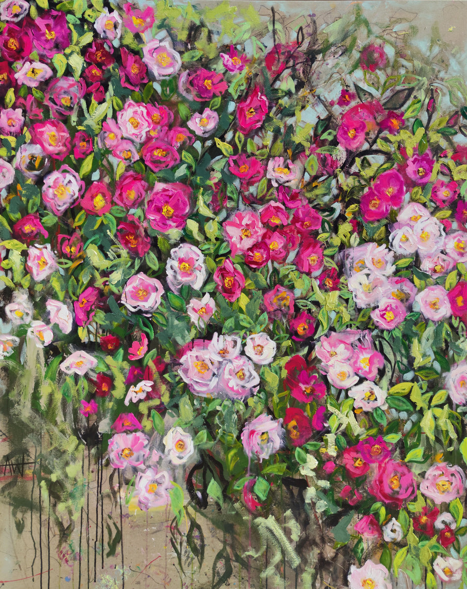 いばらのバラの茂み – キャンバスに描かれたピンクのバラの表現的な花
