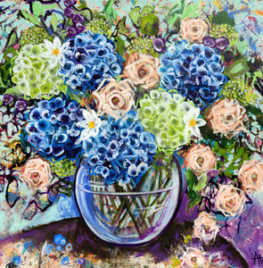 Blue Hydrangea and Apricot Roses – Large Floral Artwork