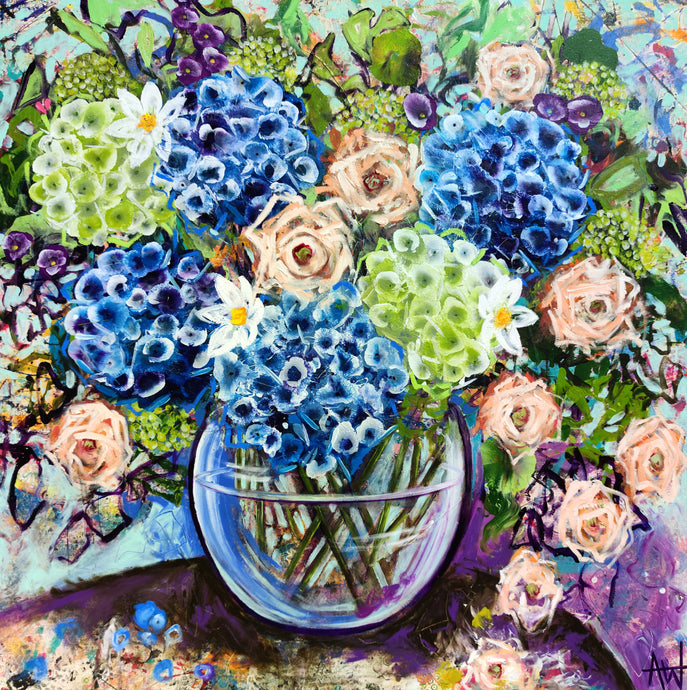 Blue Hydrangea and Apricot Roses – Large Floral Artwork