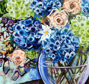 Blue Hydrangea and Apricot Roses – Large Floral Artwork