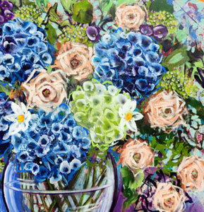 Blue Hydrangea and Apricot Roses – Large Floral Artwork