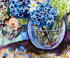Blue Hydrangea and Apricot Roses – Large Floral Artwork