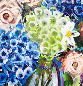 Blue Hydrangea and Apricot Roses – Large Floral Artwork