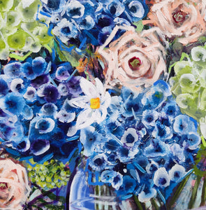 Blue Hydrangea and Apricot Roses – Large Floral Artwork
