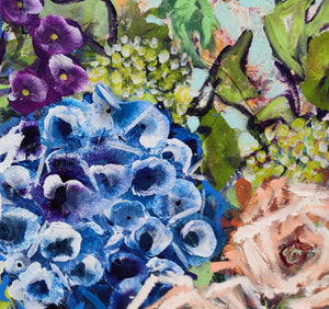 Blue Hydrangea and Apricot Roses – Large Floral Artwork