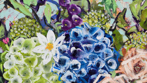 Blue Hydrangea and Apricot Roses – Large Floral Artwork