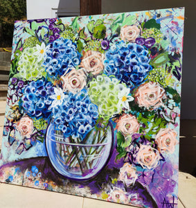 Blue Hydrangea and Apricot Roses – Large Floral Artwork