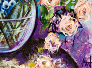Blue Hydrangea and Apricot Roses – Large Floral Artwork