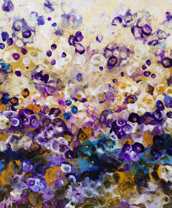 Indigo Bloomscape – Abstract Floral Painting with Gold Accents