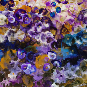 Indigo Bloomscape – Abstract Floral Painting with Gold Accents