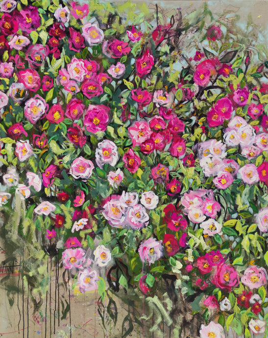 Wildrosenstrauch – Ausdrucksstarkes Blumenbild mit rosa Rosen auf Leinwand