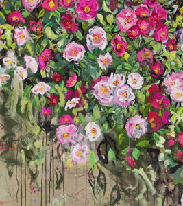 Wildrosenstrauch – Ausdrucksstarkes Blumenbild mit rosa Rosen auf Leinwand