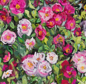 Wildrosenstrauch – Ausdrucksstarkes Blumenbild mit rosa Rosen auf Leinwand