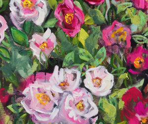 Wildrosenstrauch – Ausdrucksstarkes Blumenbild mit rosa Rosen auf Leinwand
