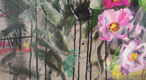 Wildrosenstrauch – Ausdrucksstarkes Blumenbild mit rosa Rosen auf Leinwand