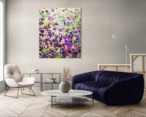 Garden Reverie – Abstract Floral Painting in Green and Violet