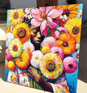 Blumenmädchen - Kühnes Blumenporträt mit lebendigen Farben