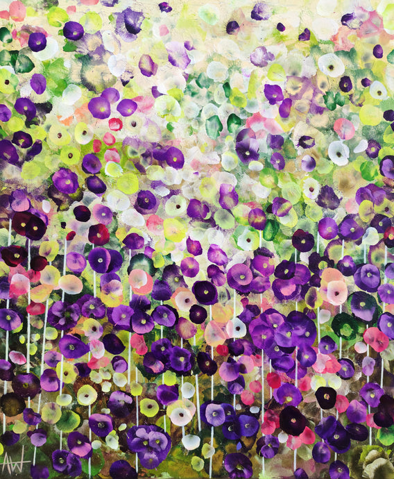 Garden Reverie – Abstract Floral Painting in Green and Violet