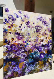Indigo Bloomscape – Abstract Floral Painting with Gold Accents