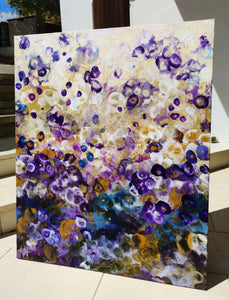 Indigo Bloomscape – Abstract Floral Painting with Gold Accents