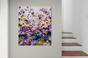 Indigo Bloomscape – Abstract Floral Painting with Gold Accents