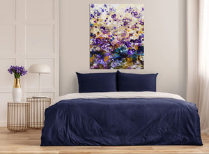 Indigo Bloomscape – Abstract Floral Painting with Gold Accents