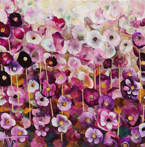 Lullaby Garden – Quadro a olio floreale astratto con fiori rosa e viola onirici