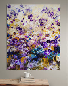 Indigo Bloomscape – Abstract Floral Painting with Gold Accents