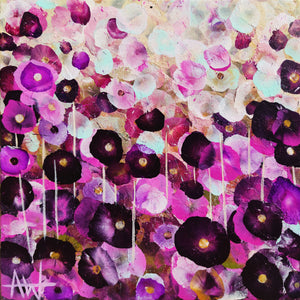 粉色花瓣的喜悦——抽象花卉油画，绚丽的粉色与紫罗兰色花朵
