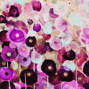 粉色花瓣的喜悦——抽象花卉油画，绚丽的粉色与紫罗兰色花朵