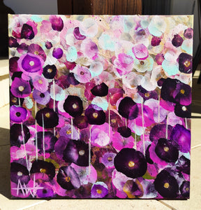 粉色花瓣的喜悦——抽象花卉油画，绚丽的粉色与紫罗兰色花朵