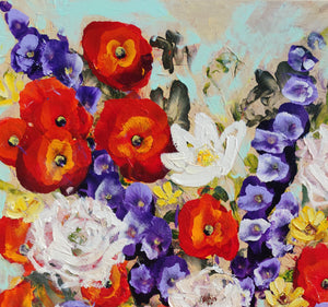 Mohnblumen in einer tiefblauen Vase – originales, farbenfrohes Blumen-Ölgemälde