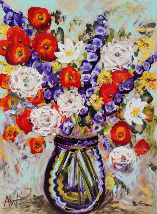 Mohnblumen in einer tiefblauen Vase – originales, farbenfrohes Blumen-Ölgemälde