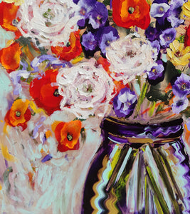 Mohnblumen in einer tiefblauen Vase – originales, farbenfrohes Blumen-Ölgemälde