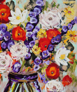 Mohnblumen in einer tiefblauen Vase – originales, farbenfrohes Blumen-Ölgemälde