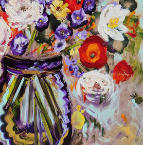Mohnblumen in einer tiefblauen Vase – originales, farbenfrohes Blumen-Ölgemälde