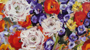 Mohnblumen in einer tiefblauen Vase – originales, farbenfrohes Blumen-Ölgemälde