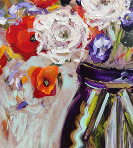 Mohnblumen in einer tiefblauen Vase – originales, farbenfrohes Blumen-Ölgemälde