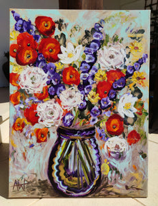 Mohnblumen in einer tiefblauen Vase – originales, farbenfrohes Blumen-Ölgemälde