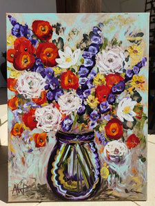 Mohnblumen in einer tiefblauen Vase – originales, farbenfrohes Blumen-Ölgemälde