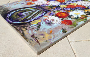 Mohnblumen in einer tiefblauen Vase – originales, farbenfrohes Blumen-Ölgemälde
