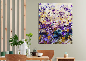 Indigo Bloomscape – Abstract Floral Painting with Gold Accents