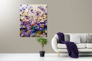 Indigo Bloomscape – Abstract Floral Painting with Gold Accents
