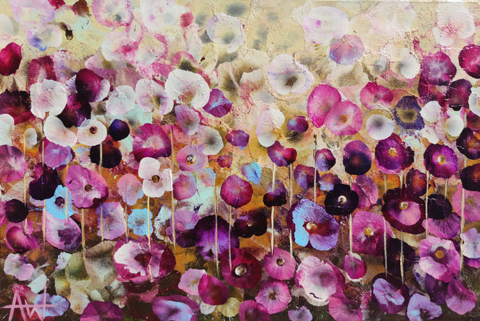 Sweet Pea Dreams – Abstract Floral Oil Painting with Iridescent Gold