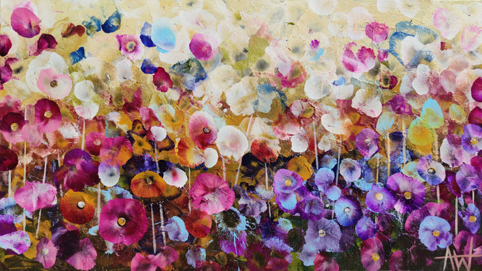Violet Wildflowers – Expressive Abstract Floral Landscape with Iridescent Gold