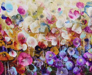 Violet Wildflowers – Expressive Abstract Floral Landscape with Iridescent Gold