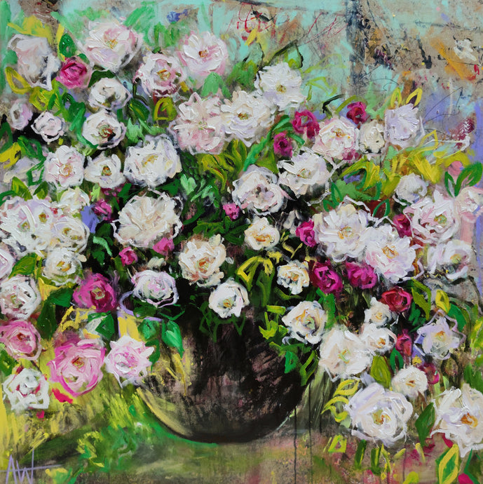 Sommerrosen-Kaskade - Ölgemälde mit rosa und weißen Blumen in einem Gartenkübel
