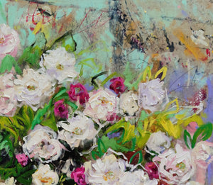 Sommerrosen-Kaskade - Ölgemälde mit rosa und weißen Blumen in einem Gartenkübel