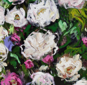 Sommerrosen-Kaskade - Ölgemälde mit rosa und weißen Blumen in einem Gartenkübel