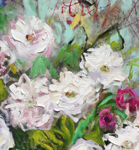 Sommerrosen-Kaskade - Ölgemälde mit rosa und weißen Blumen in einem Gartenkübel